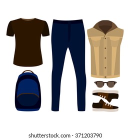 Set of trendy men's clothes. Outfit of man denim vest, jeans, t-shirt and accessories. Men's wardrobe. Vector illustration