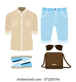 Set of trendy men's clothes. Outfit of man shorts, shirt and accessories. Men's wardrobe. Vector illustration