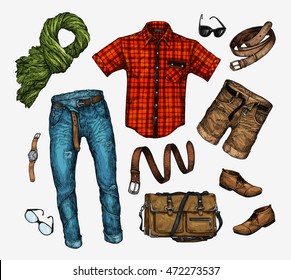 Set of trendy men's clothes. Outfit of man neckerchief, shirt, bag, jeans, pants, shorts, leather belt, shoes