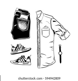 Set of trendy men's clothes. Outfit of shirt, pants, sneakers and accessories. Men's wardrobe. Vector illustration.