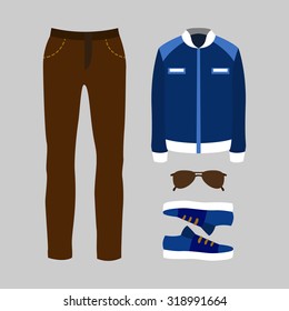 Set of trendy men's clothes with pants, jacket and accessories. Vector illustration