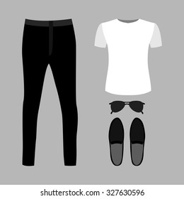 Set of trendy men's clothes with pants, t-shirt and accessories. Vector illustration