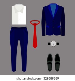Set of trendy men's clothes with pants, jacket, shirt and accessories. Vector illustration
