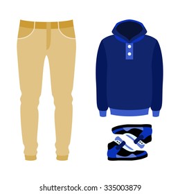 Set of trendy men's clothes with pants, hoody and sneakers. Men's wardrobe. Vector illustration