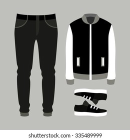 Set of trendy men's clothes with pants, jacket and sneakers. Men's wardrobe. Vector illustration