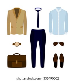 Set of trendy men's clothes with pants, shirt, jacket and accessories. Men's wardrobe. Vector illustration