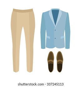 Set of trendy men's clothes with pants, jacket and loafers. Men's wardrobe. Vector illustration