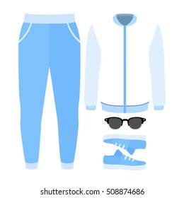 Set of trendy men's clothes with pants, blazer and accessories. Vector illustration