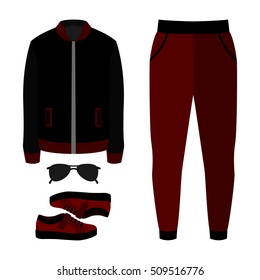 Set of trendy men's clothes with pants, blazer and accessories. Vector illustration