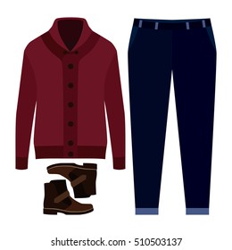 Set Of Trendy Men's Clothes With Pants, Cardigan And Accessories. Vector Illustration