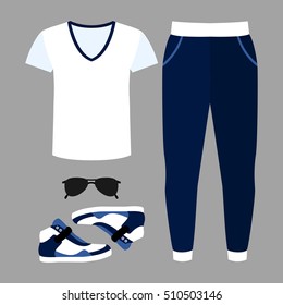 Set of trendy men's clothes with pants, t-shirt and accessories. Vector illustration