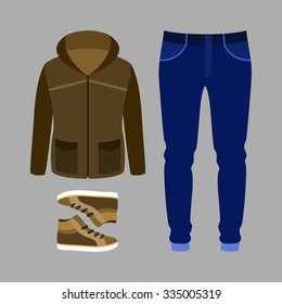 Set of trendy men's clothes with parka, jeans and sneakers. Men's wardrobe. Vector illustration