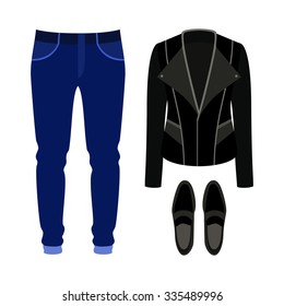 Set of trendy men's clothes with rocker jacket, jeans and loafers. Men's wardrobe. Vector illustration