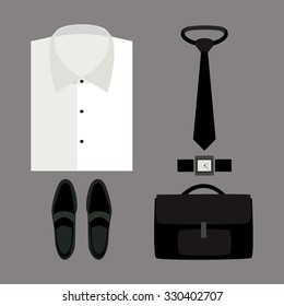 Set of trendy men's clothes with shirt and accessories. Men's wardrobe. Vector illustration