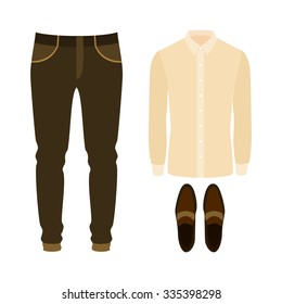 Set of trendy men's clothes with shirt, pants and loafers. Men's wardrobe. Vector illustration