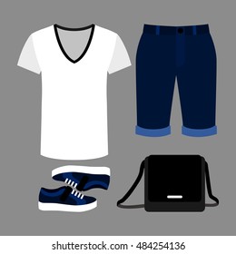 Set of trendy men's clothes with shorts, t-shirt and accessories. Vector illustration