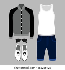 Set of trendy men's clothes with shorts, jacket, t-shirt and accessories. Vector illustration