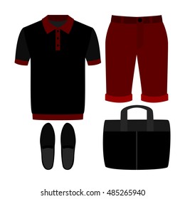 Set of trendy men's clothes with shorts, t-shirt and accessories. Vector illustration