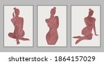 Set of trendy minimal abstract modern posters. Female silhouettes, pastel colors. Feminine concept. Hand painted  design for wall decor, print, card, wallpaper, background. Vector illustration. 
