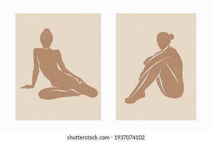 Set Of Trendy Minimal Abstract Modern Posters. Female Silhouettes, Pastel Colors. Feminine Concept. Hand Painted Design For Wall Decor, Print, Card, Wallpaper, Background. Vector Illustration.