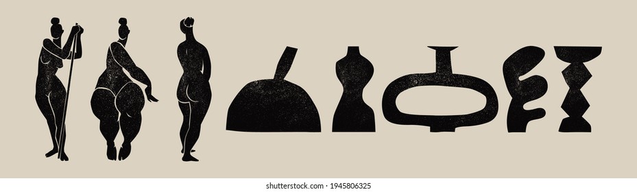Set of trendy minimal abstract modern posters. Female  and vase silhouettes. Hand painted design for wall decor, print, card, wallpaper, background. Vector illustration.
