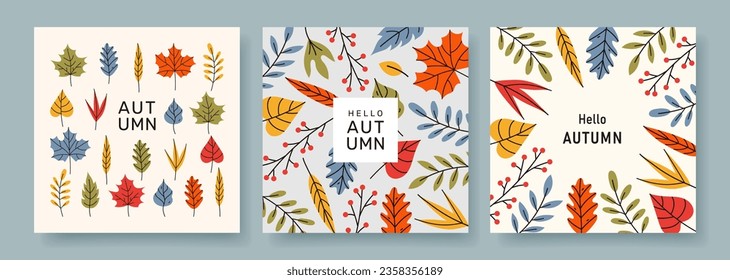 Set of trendy minimal autumn banner with bright beautiful leaves and modern typography. Fall square background. Vector template for card, invitation, social media post, poster, mobile apps, web ads.