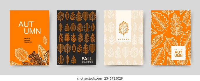 Set of trendy minimal autumn card. Modern abstract art design with fall beautiful leaves. Templates for advertising, celebration, branding, banner, cover, label, poster, sale, social media 