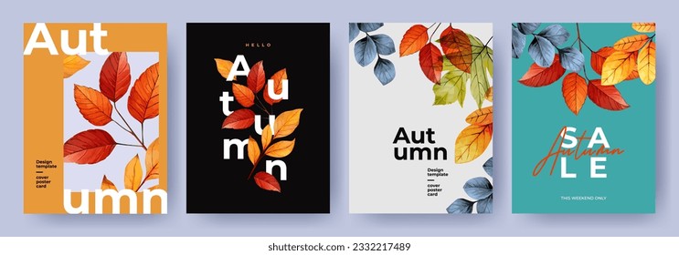 Set of trendy minimal autumn posters or covers with bright beautiful leaves and modern typography. Fall background, Sale banner, or flyer design. Template for advertising, web, social media