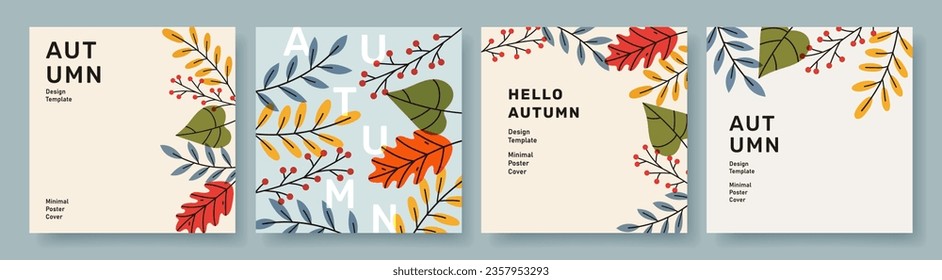 Set of trendy minimal autumn posters with bright beautiful leaves and modern typography. Fall background, cover, sale banner, flyer design. Template for advertising, web, social media.