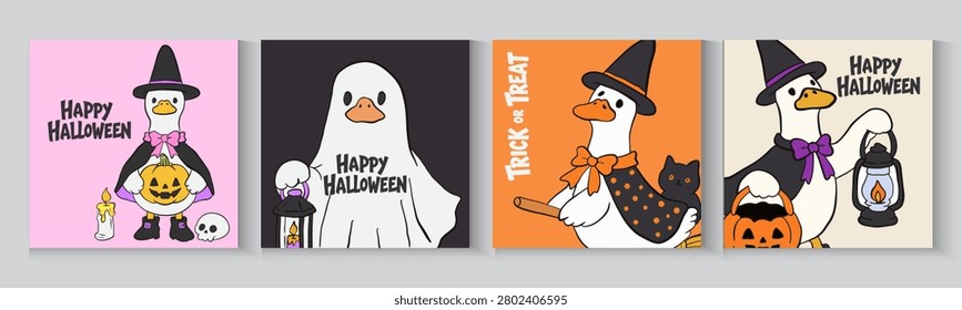 Set of trendy minimal Halloween posters with funny goose, pumpkins, bats and modern typography.Cute Spooky Silly Goose Halloween Costume Trick or Treat Hand Drawn collection icon and background.