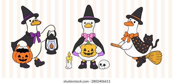 Set of trendy minimal Halloween posters with funny goose, pumpkins, bats and modern typography.Cute Spooky Silly Goose Halloween Costume Trick or Treat Hand Drawn collection icon and background.