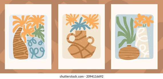 Set Of Trendy Minimal Hand Drawn Composition For Posters, Wall Art, Brochure Or Postcard Design. Set Of Modern Aesthetic Vector Print With Simple Nature Shapes, Lines, Vases, Flowers, Leaves. 