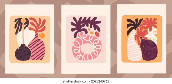 Set of trendy minimal hand drawn composition for posters, wall art, brochure or postcard design. Set of modern aesthetic vector print with simple nature shapes, lines, vases, flowers, leaves. 