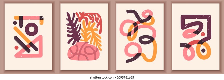 Set of trendy minimal hand drawn compositions for posters, wall art, brochure or postcard design. Set of modern aesthetic vector print with simple shapes, lines, texture, flowers, leaves, vases