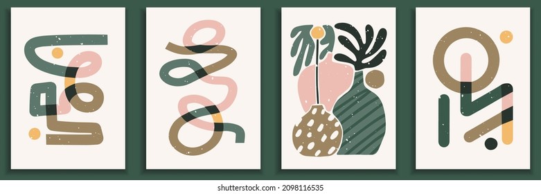 Set trendy minimal hand drawn composition for posters  wall art  brochure postcard design  Set modern aesthetic vector print and simple shapes  lines  dots   texture  flowers  leaves  vase