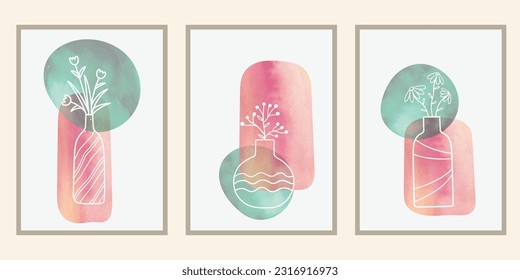 Set of trendy minimal hand drawn composition for posters, wall art, brochure or postcard design. Set of modern aesthetic vector print with simple nature shapes, lines, vases, flowers, leaves.