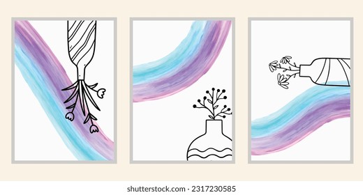 Set of trendy minimal hand drawn composition for posters, wall art, brochure or postcard design. Set of modern aesthetic vector print with simple nature shapes, lines, vases, flowers, leaves.