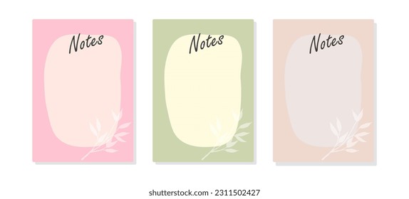 Set of trendy minimal planner in pastel colors with a vase of leaves in a hand-drawn texture style. For menu, to-do list. Template in pastel colors.  Vector illustration