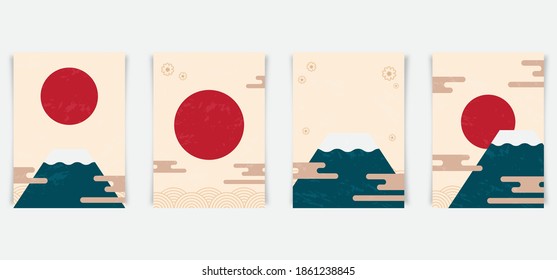 Set of trendy minimal poster with abstract mountain lake sun wall art