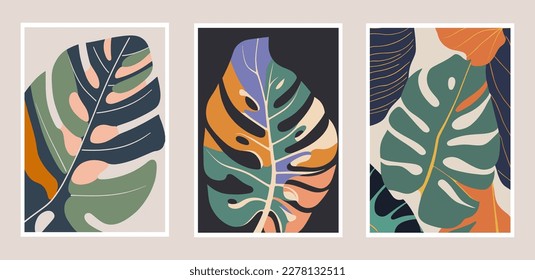 Set of trendy minimal posters with monstera leaves. Vector illustration. wall art print poster