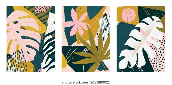 Set of trendy minimal posters with monstera leaves. Vector illustration. wall art print poster. Modern Abstract Tropics - Playful Illustration with Geometric Elements
