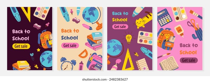 Set of trendy minimal school posters with school supplies and typography. Back to school, study concept. School background, cover, banner, flyer design. Template for advertising, web, social media.