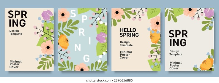 Set von trendigen minimalen Frühlingsplakaten mit hellen, schönen Blumen und moderner Typografie. Frühlingshintergrund, Cover, Verkaufsbanner, Flyer-Design. Vorlage für Werbung, Web, Social Media. 