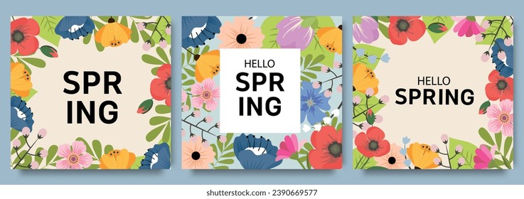 Set of trendy minimal spring posters with bright beautiful flowers and modern typography. Spring background, cover, sale banner, flyer design. Template for advertising, web, social media.