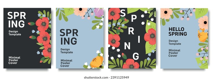Set of trendy minimal spring posters with bright beautiful flowers and modern typography. Spring background, cover, sale banner, flyer design. Template for advertising, web, social media.