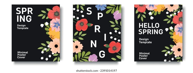 Set of trendy minimal spring posters with bright beautiful flowers and modern typography. Spring background, cover, sale banner, flyer design. Template for advertising, web, social media.