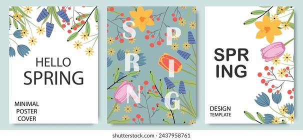 Conjunto de carteles de primavera minimalista de moda con hermosas flores hechas a mano. Fondo de verano de primavera floral, cubierta, banner de venta, postal, diseño de flyer.