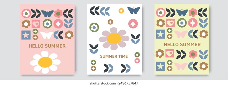 Set of trendy minimal Summer posters with beautiful flowers and modern typography. Floral background, cover, sale banner, card, flyer design. Template for advertising, web, social media