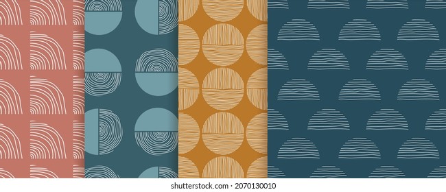 Set of trendy minimalism seamless patterns with hand drawn abstract rounds and circles. Vector pattern illustration for wallpaper, background, textile, fabric and wrapping paper. 
