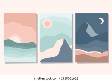 Set of trendy minimalist aesthetic  landscape abstract contemporary collage with with sunrise, sunset, night. Earth tones, pastel colors. Vector flat illustration. Art print templates, boho wall decor